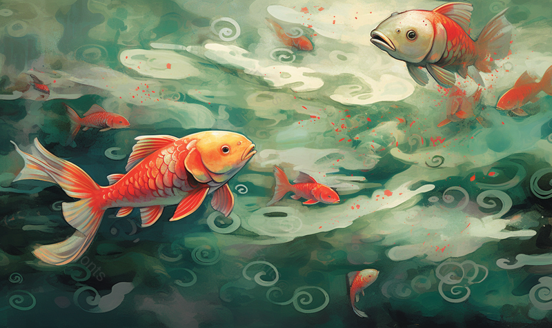 红色的锦鲤在湖泊中玩耍的背景插画,插画/手绘图,插画/手绘图库,插画/手绘图下载,插画/手绘
